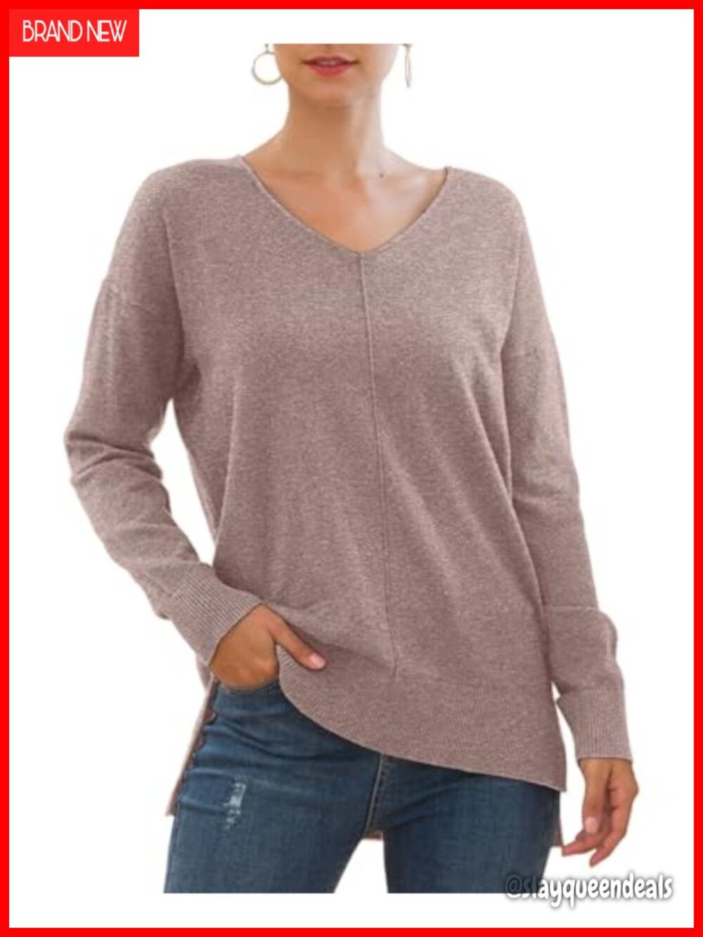 Womens Loose Fit V-Neck Knit Pullover Sweater Lightweight Casual Top